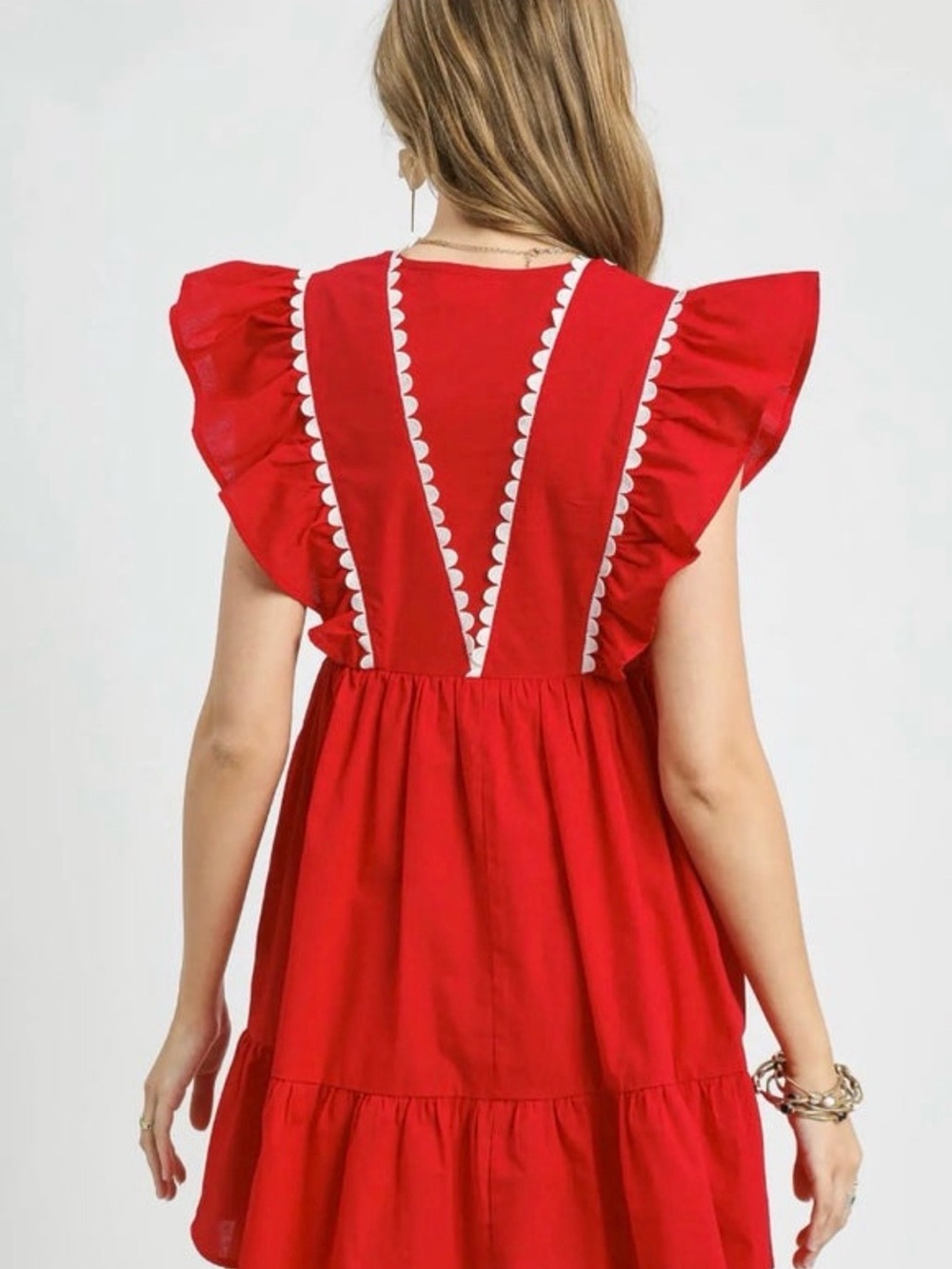 UMGEE Red Ruffled V-Neck Babydoll Dress with White Trim - Picture 3 of 4